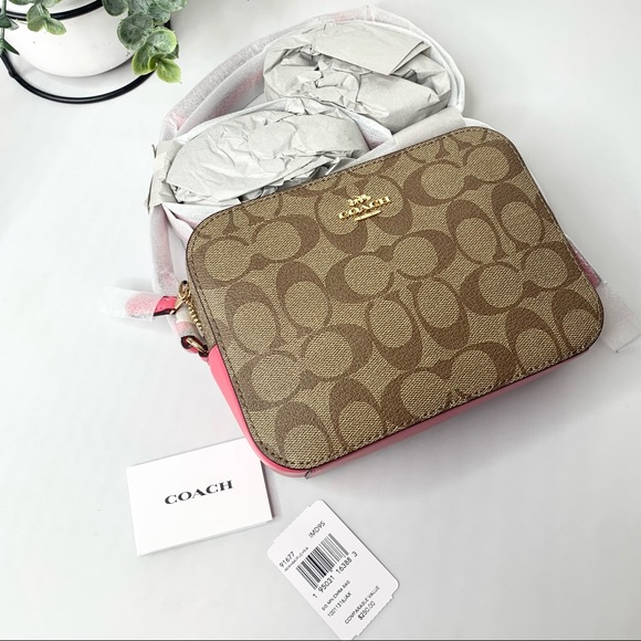 Coach Mini Camera Crossbody Bag In Signature Canvas  Khaki Fushia Pink - Picture 7 of 11